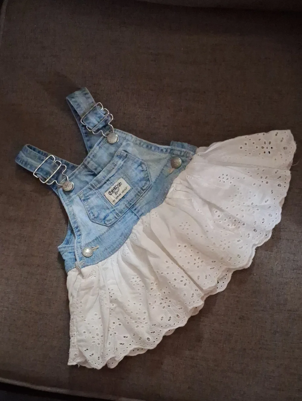 OshKosh B'gosh Light Blue Denim & White Eyelet Skirt Dress Overalls Size 3 Month